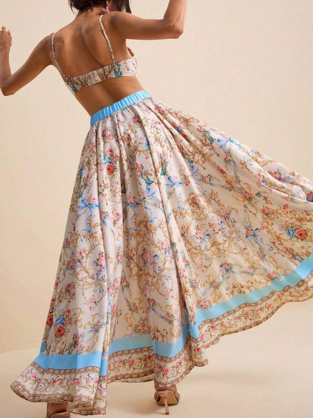 Pink Boho Women's Heart Ruffle Hem Cropped Top And Printed A-Line Mini Skirt Set - Picture 2 of 8